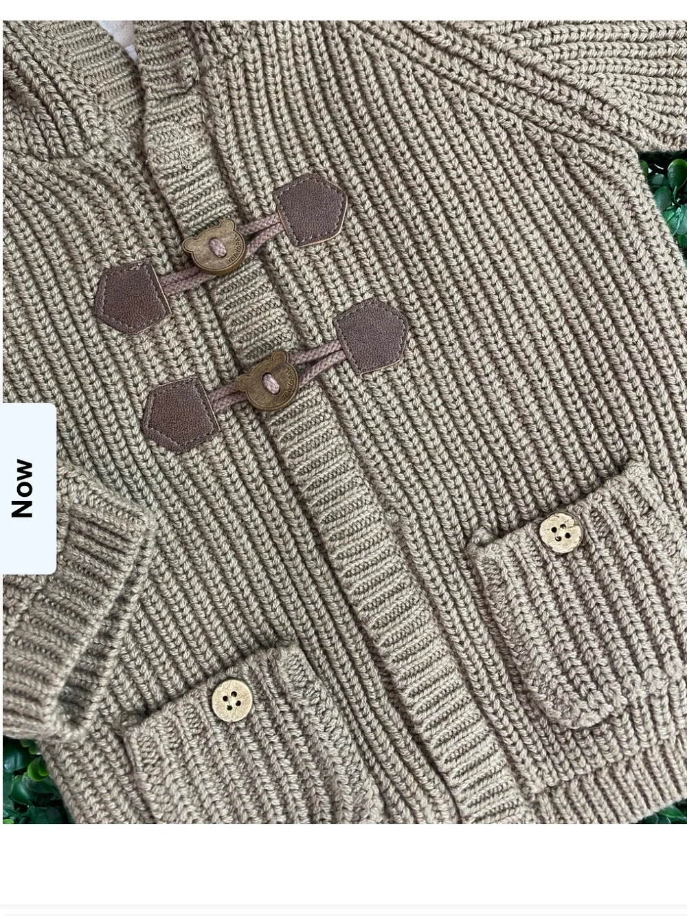 Mayoral Tan Hooded Cable Knit Sweater with Pom Pom
